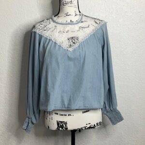 21- Zara EUC Light Blue Long Sleeve To w/ Lace Collar Size Small Pit to pit 21”